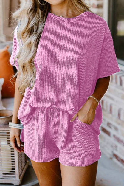 Round Neck Top and Pocketed Shorts Set.