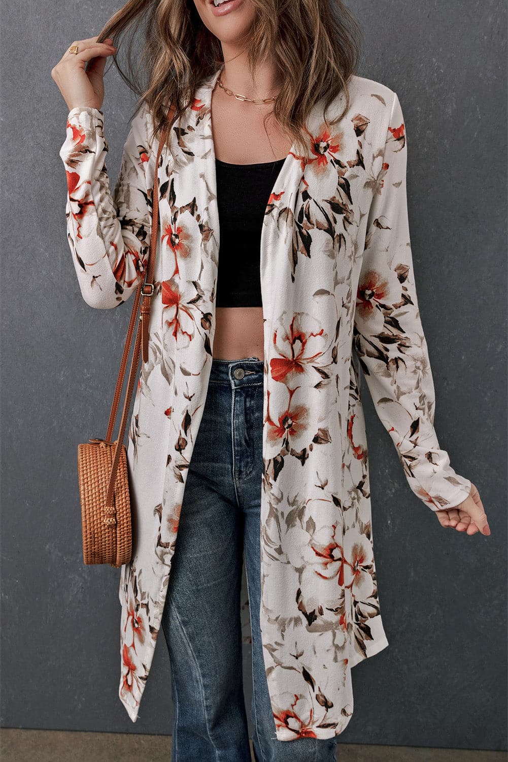 Double Take Printed Open Front Longline Cardigan.