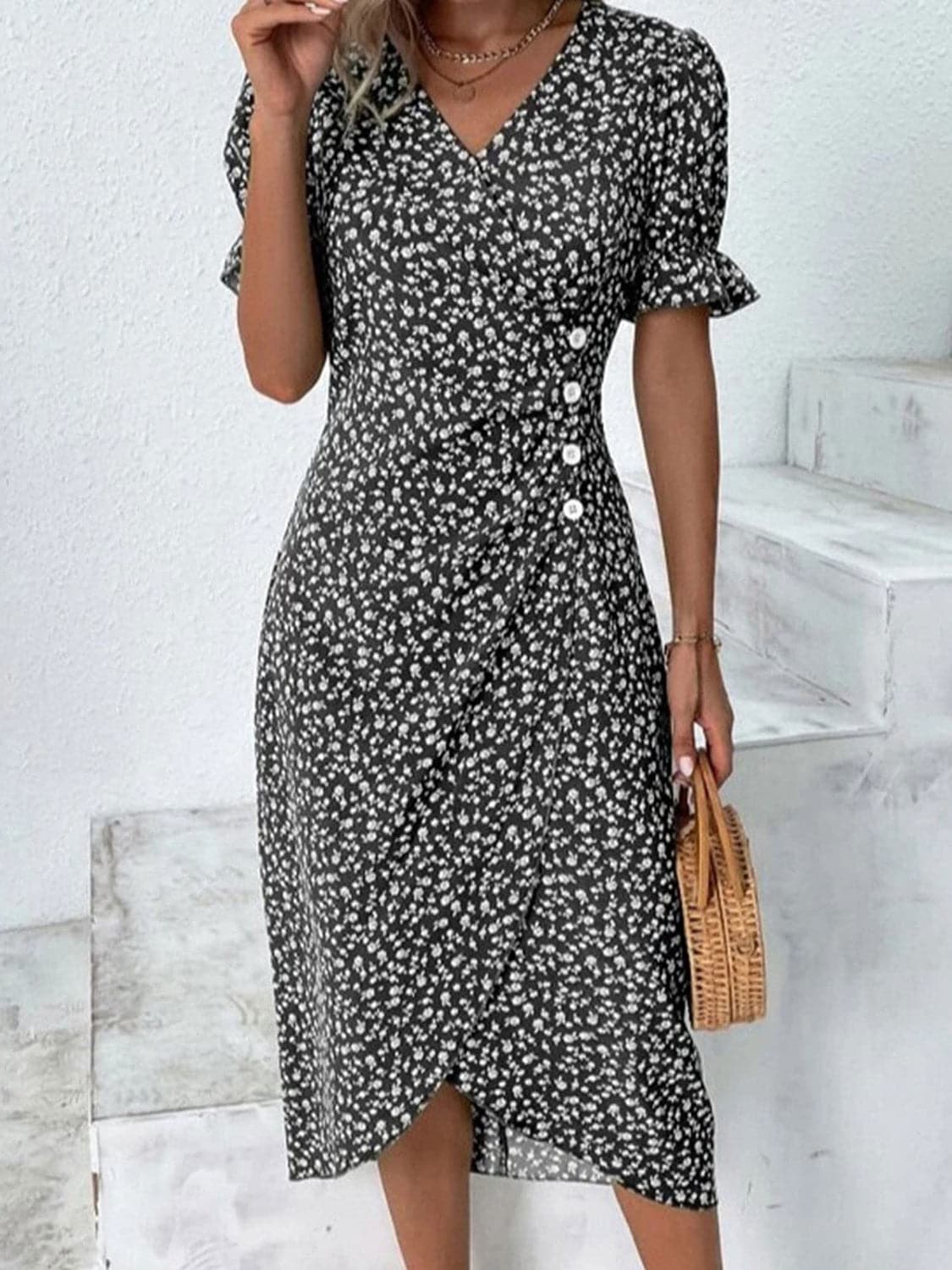 Full Size Printed Surplice Flounce Sleeve Midi Dress.