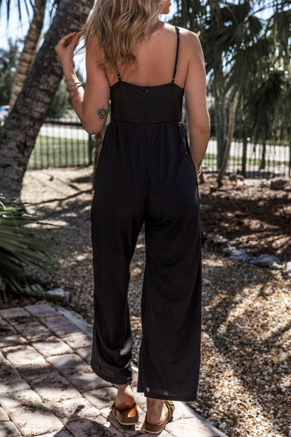 Surplice Spaghetti Strap Wide Leg Jumpsuit.