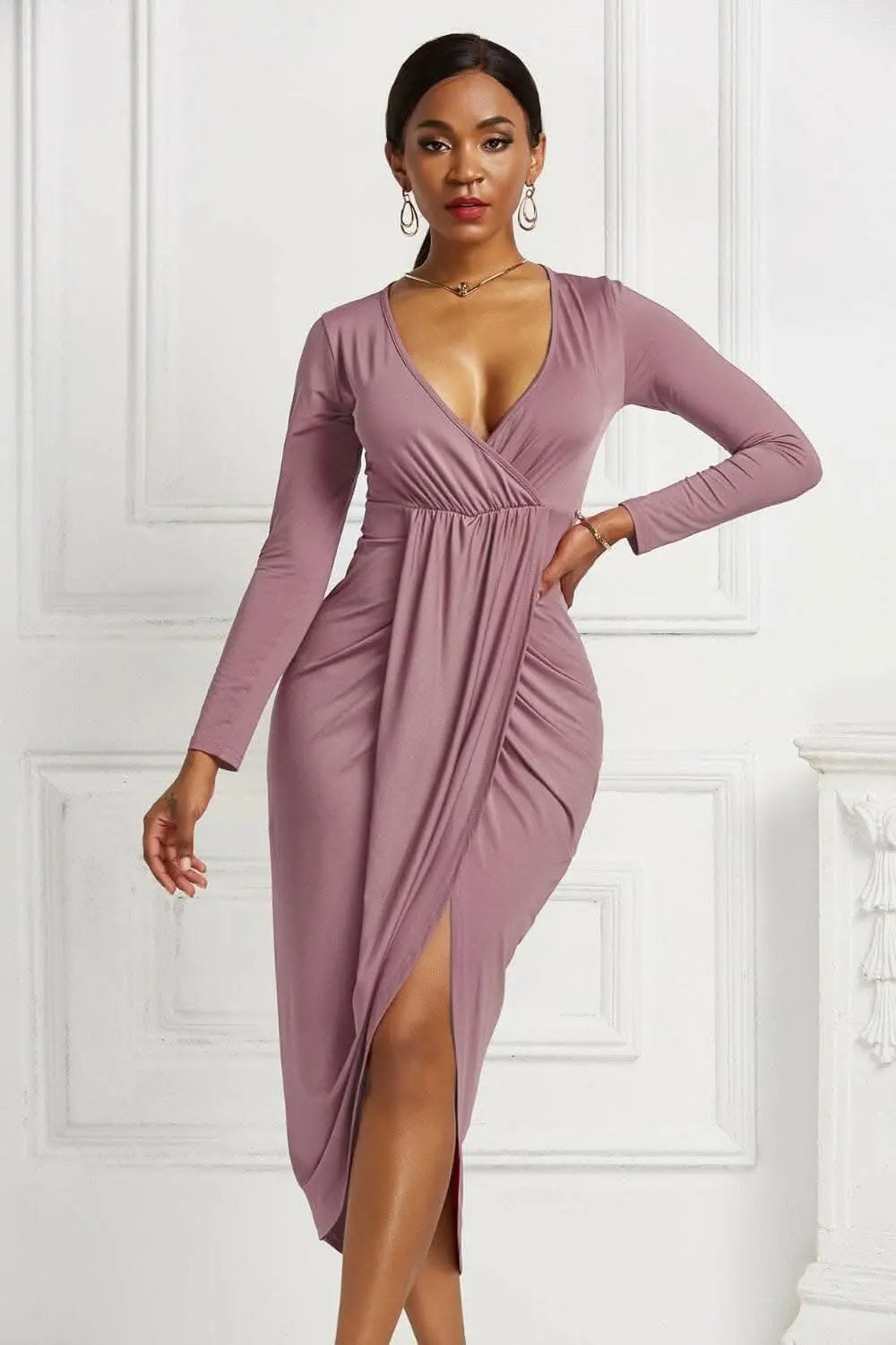 Elegant ruched surplice dress - Love Salve 