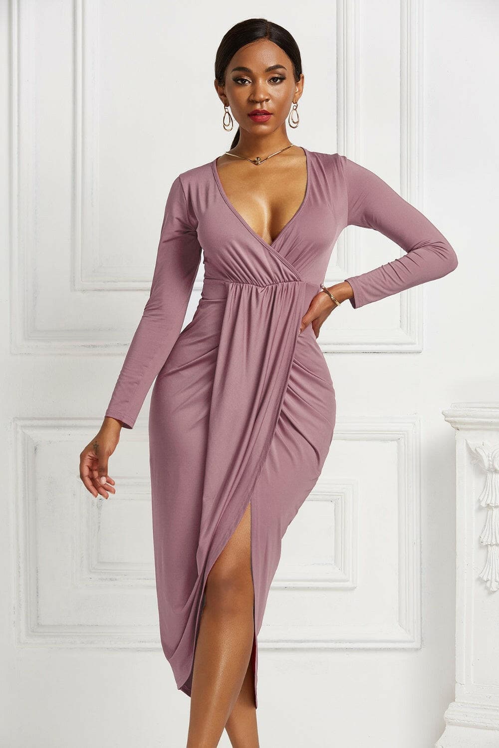 High-low Ruched Surplice Long Sleeve Dress.