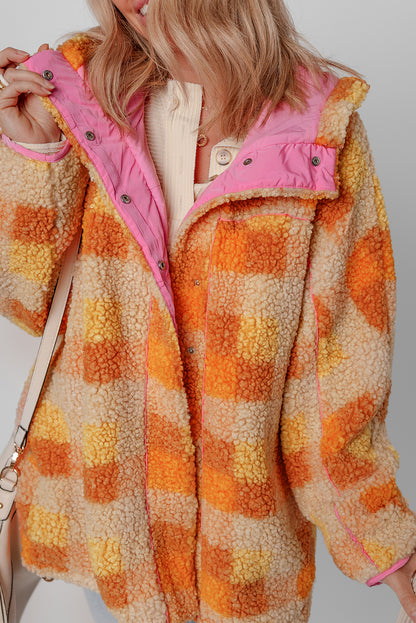 Cozy orange checkered sherpa hooded jacket for stylish warmth