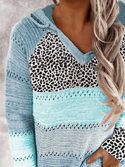 Full Size Openwork Leopard Drawstring Hooded Sweater.