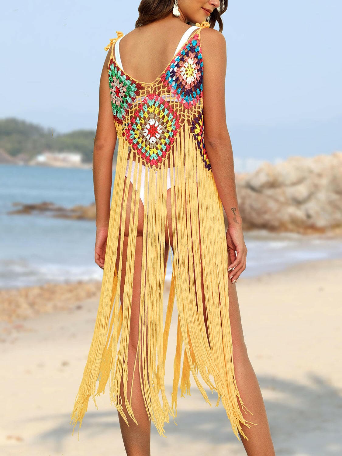 Fringed Sheer Spaghetti Strap Beach Cover-Up.