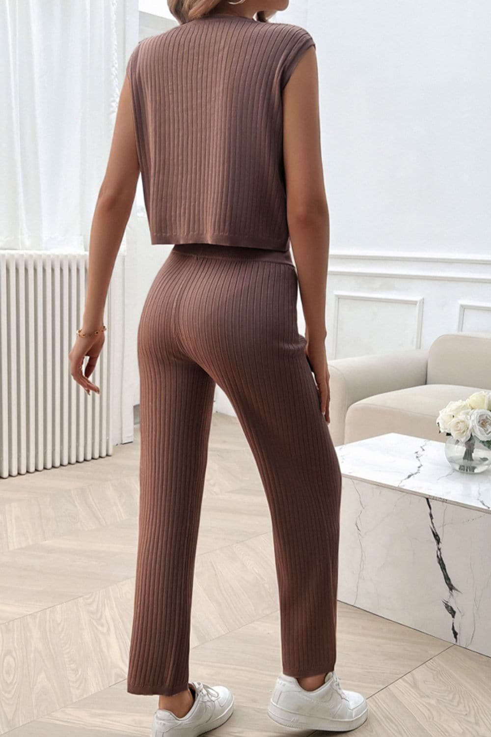 Ribbed Round Neck Top and Pants Set.