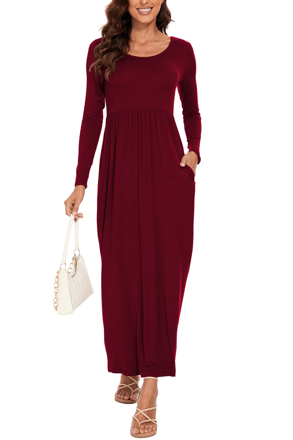 Round Neck Long Sleeve Pocketed Maxi Dress.