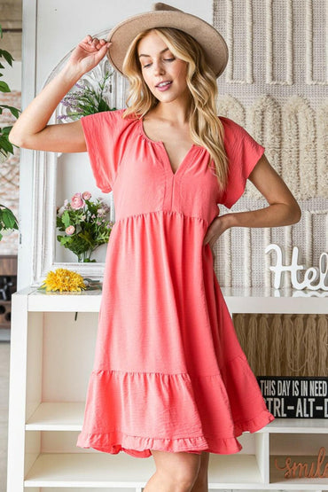 Reborn J Ruffled Notched Cap Sleeve DressExperience Elegance with the Reborn J Ruffled Notched Cap Sleeve Dress
 Step into any special occasion radiating grace and charm with this beautifully designed dressLove Salve Ruffled Notched Cap Sleeve Dressusa