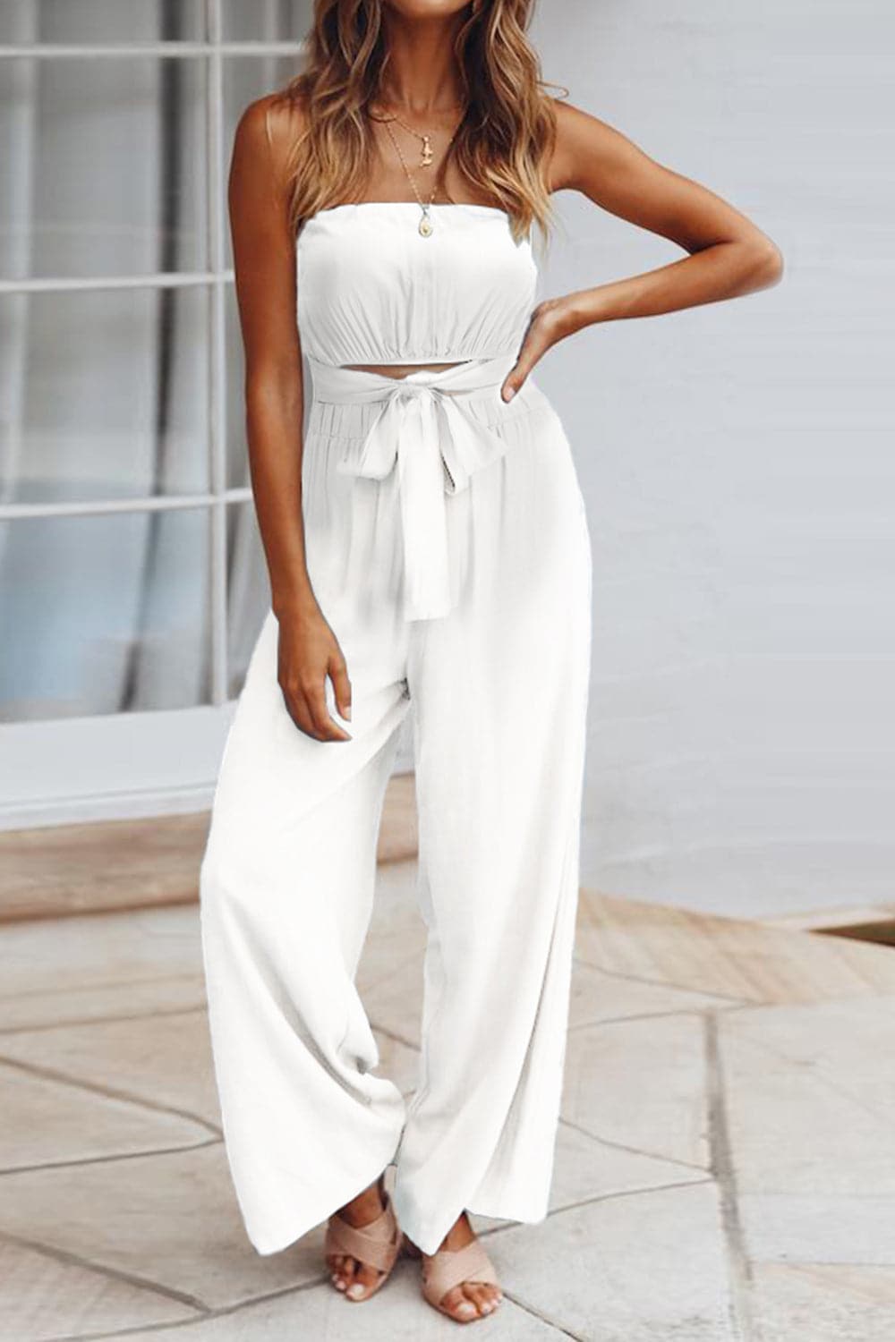 Tied Cutout Tube Wide Leg Jumpsuit.