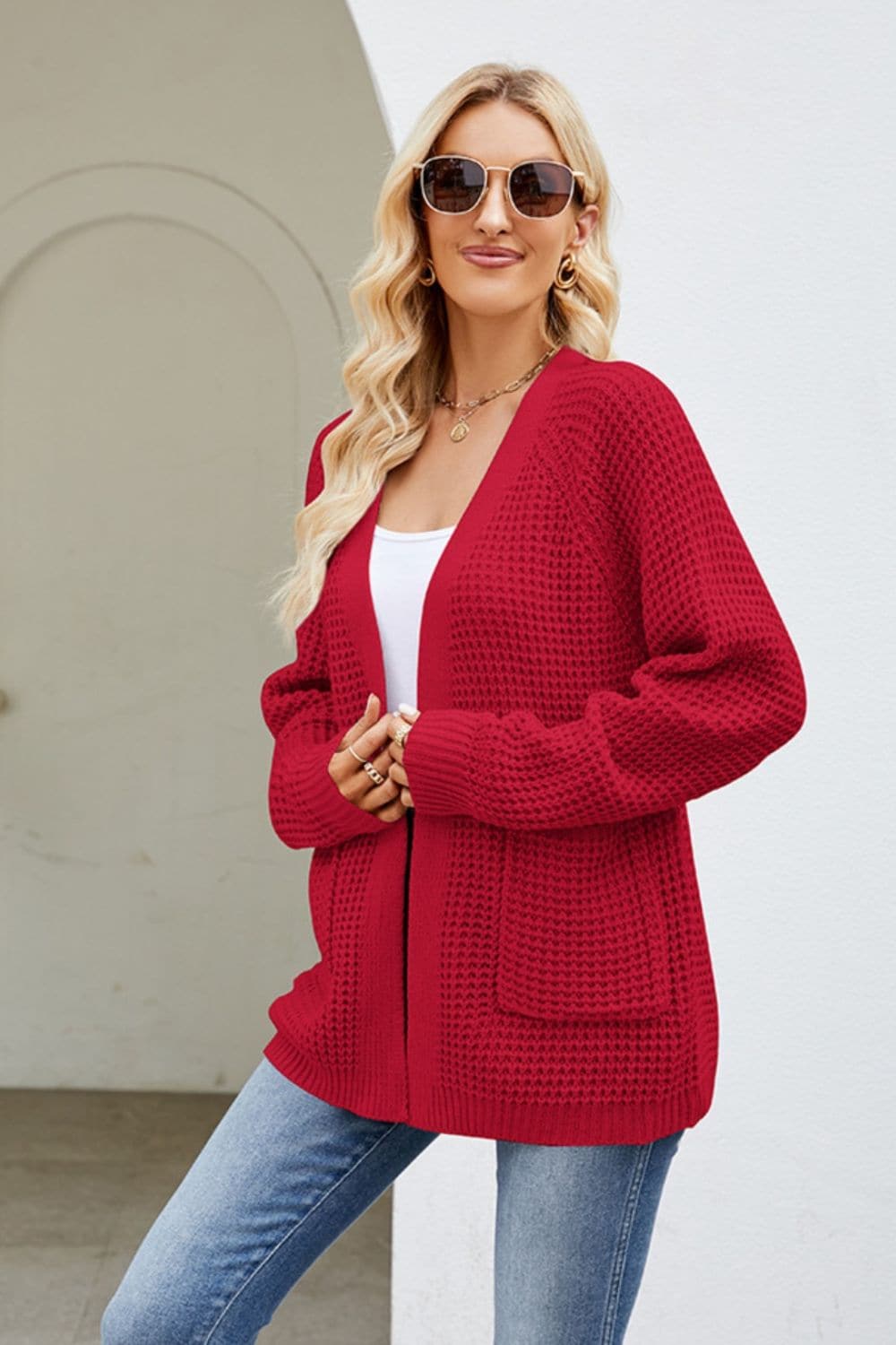 Open Front Raglan Sleeve Pocketed Cardigan.