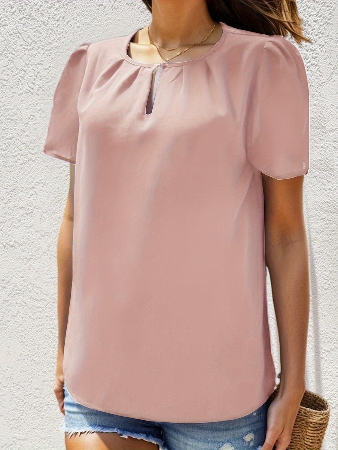 Ruched Round Neck Short Sleeve Blouse.