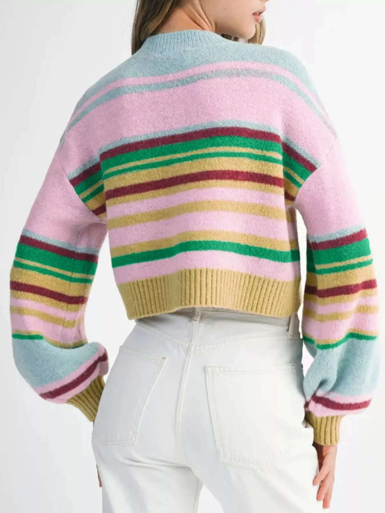 Multicolour Striped Boxy Fit Cropped Knit Sweater With Ribbed Trim Simply Love