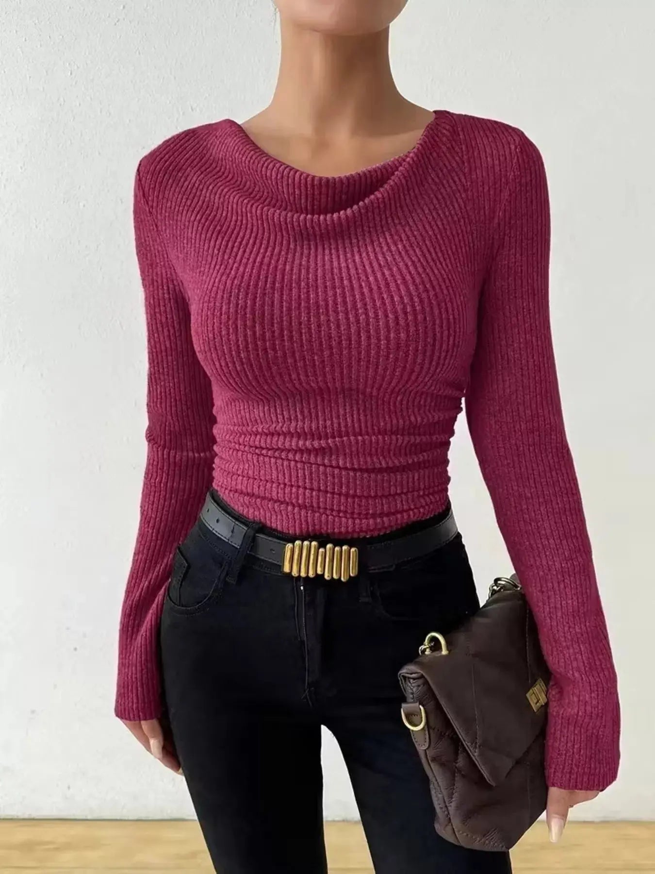 Cowl Neck Ribbed Long Sleeve Sweater Simply Love