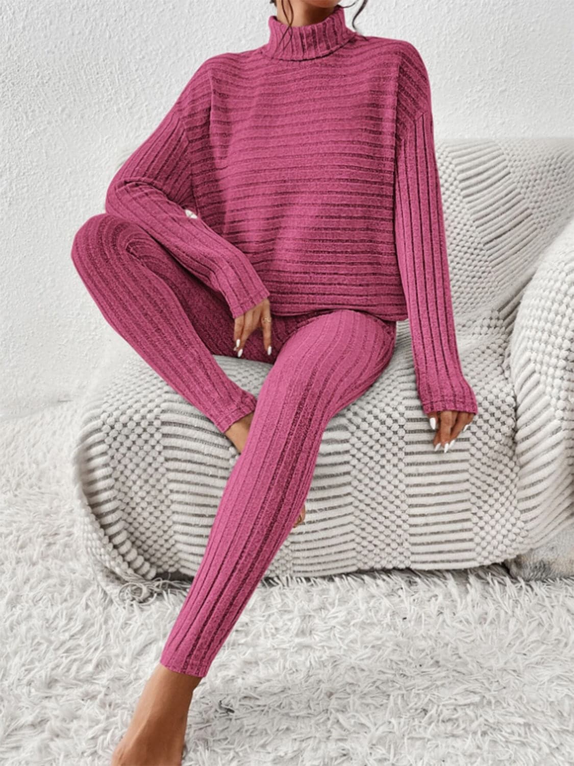 Ribbed Turtleneck Top and Pants Set.