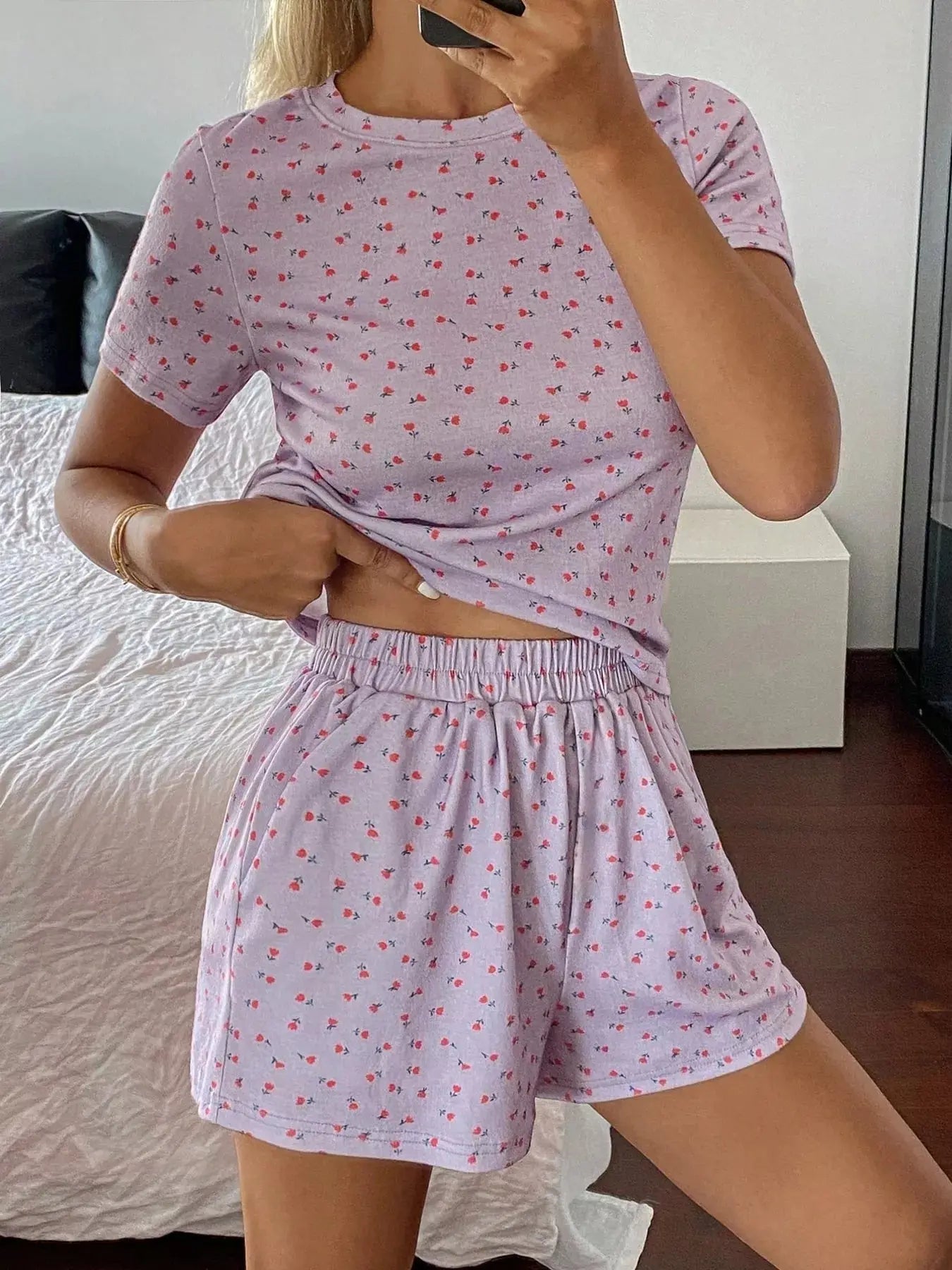 Floral Round Neck Top and Shorts Lounge Set Simply Love