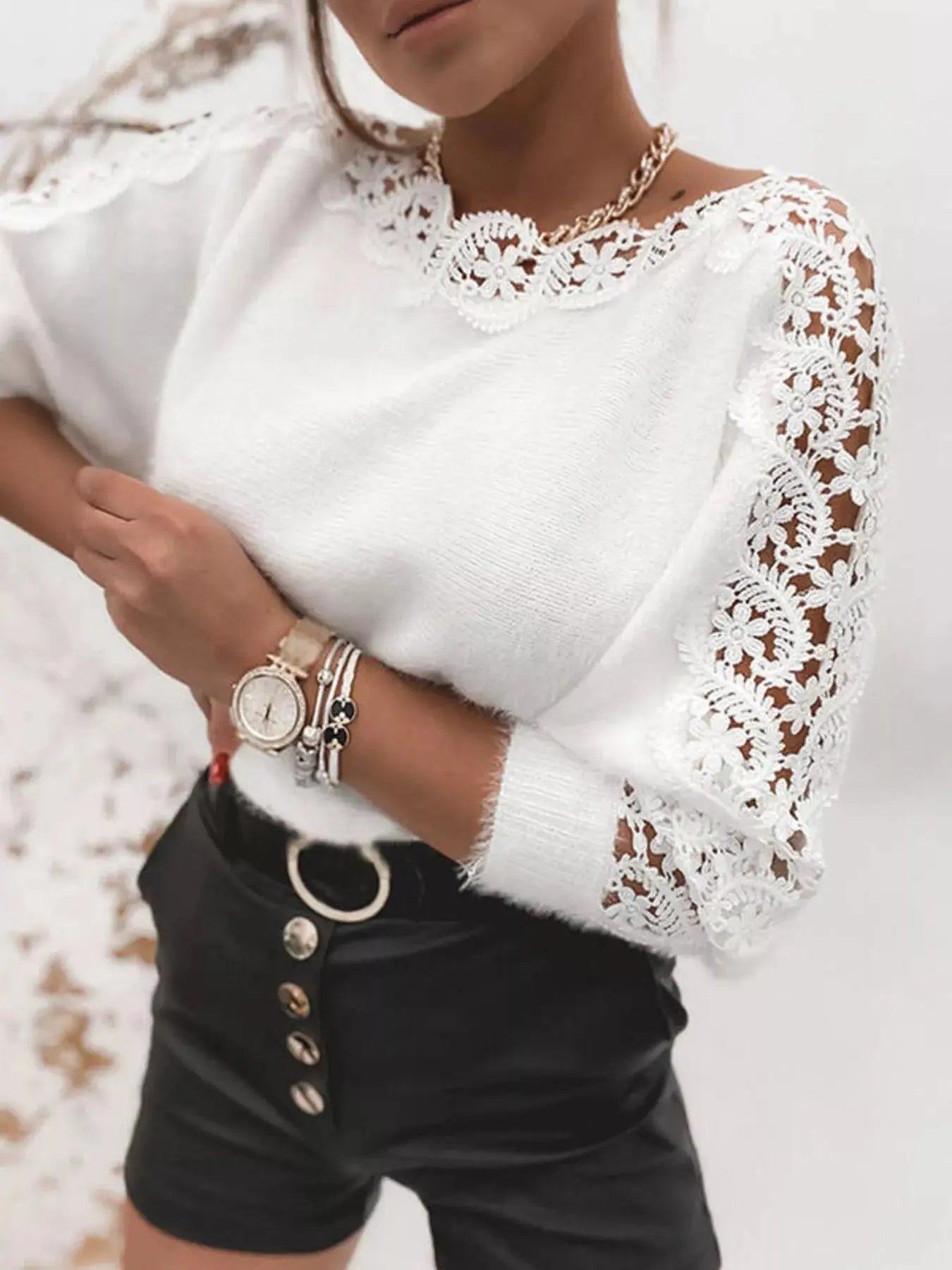 Lace Trim Round Neck Sweater Simply Love