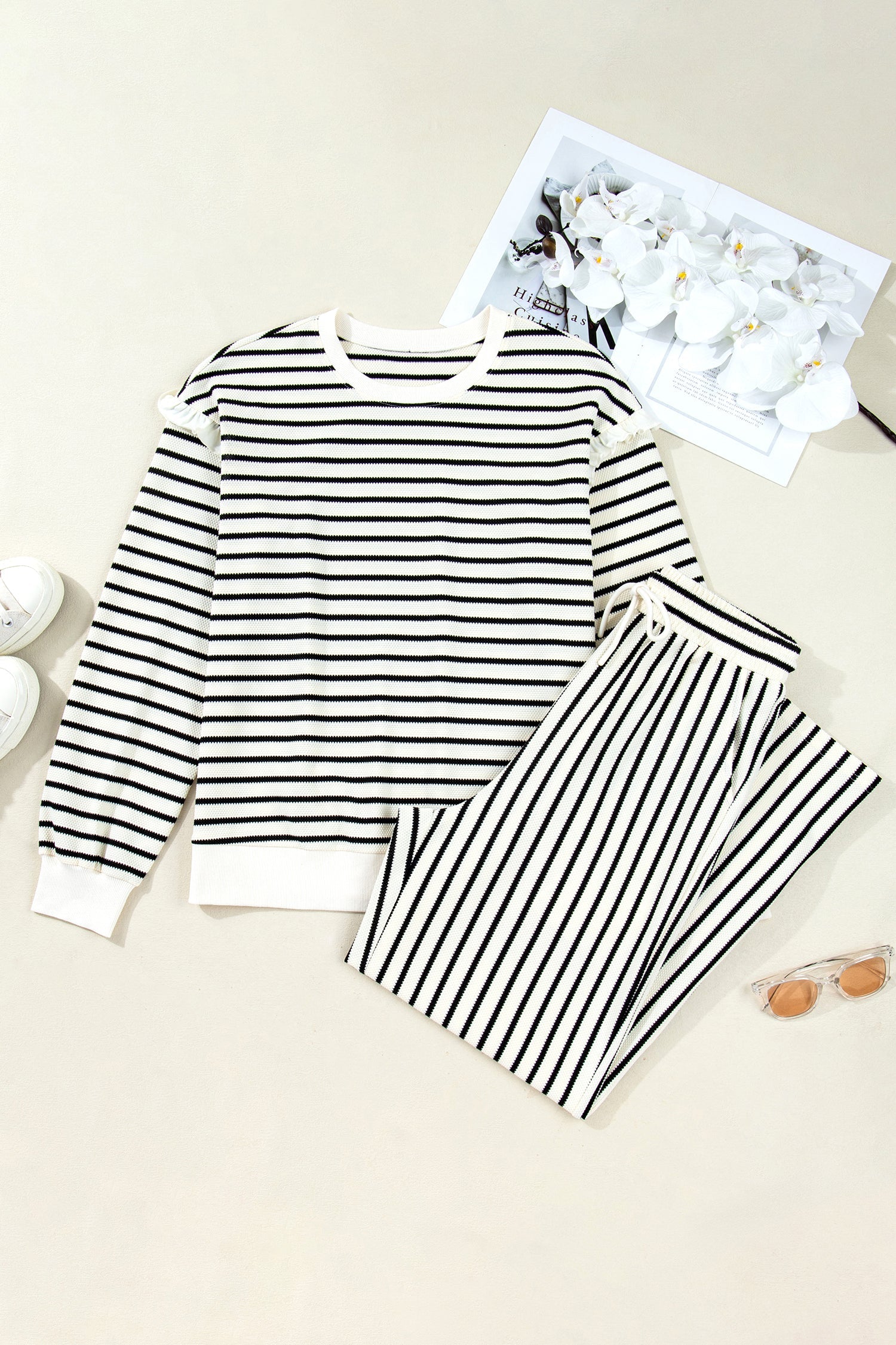 White Stripe Ruffle Trim Drop Shoulder Top And Drawstring Relaxed Pant Set Dear-Lover Dropshipping