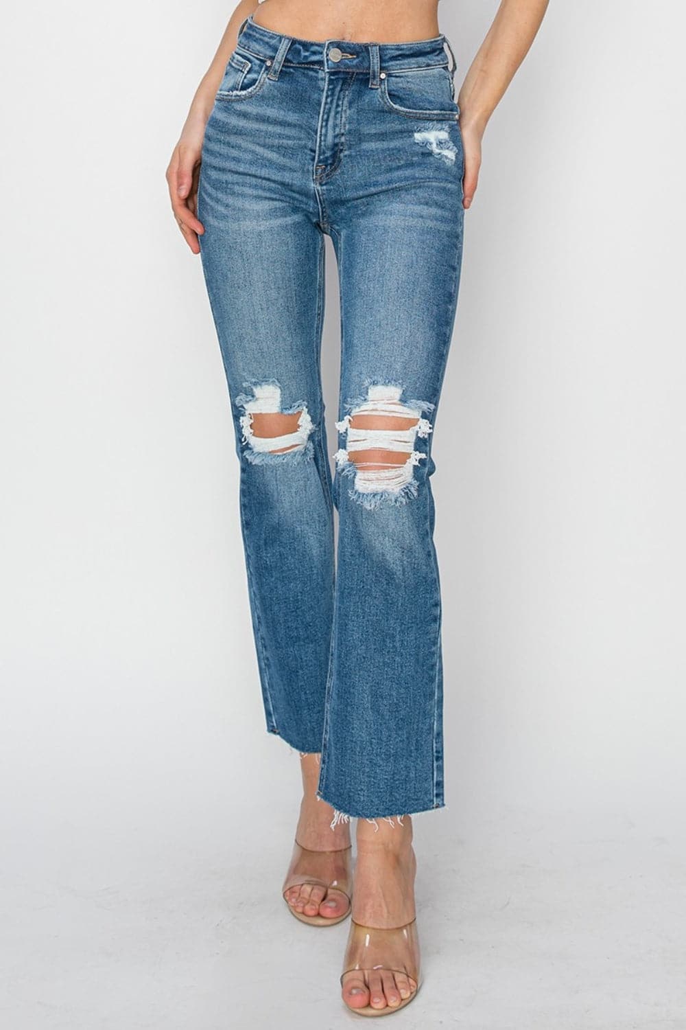 RISEN High Rise Distressed Ankle Jeans.