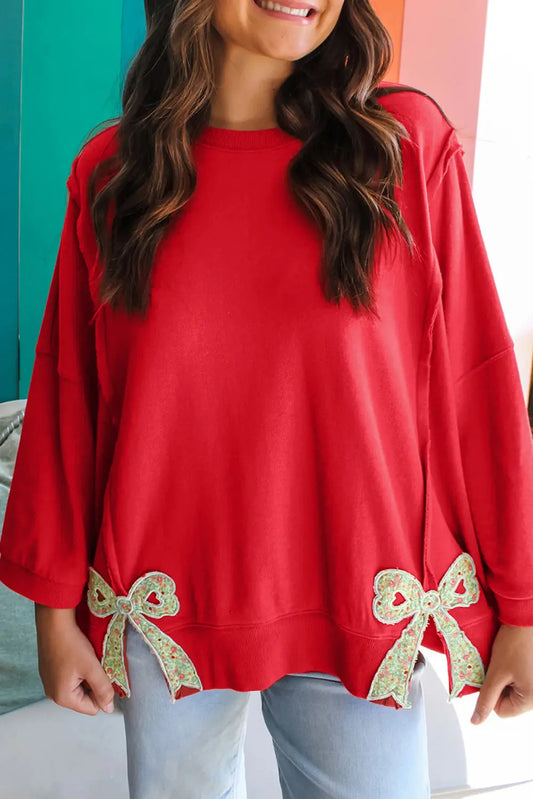 Fiery Red Floral Bow Patchwork Exposed Seam Slit Baggy Sweatshirt Dear-Lover Dropshipping