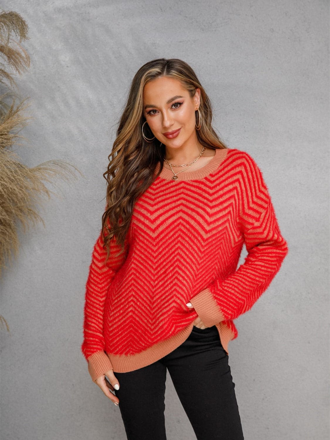 Striped Round Neck Dropped Shoulder Sweater.