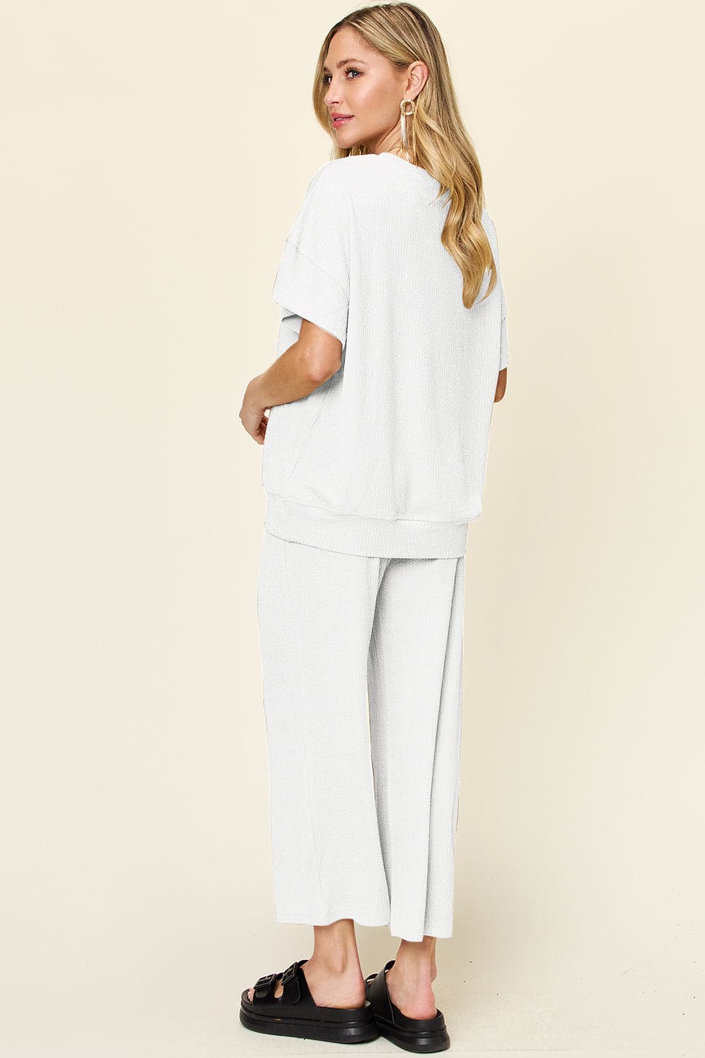 Double Take Full Size Texture Round Neck Short Sleeve T-Shirt and Wide Leg Pants.