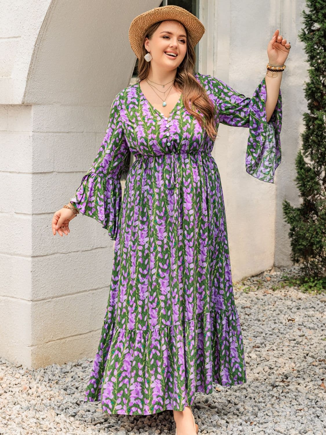 Plus Size Printed V-Neck Long Sleeve Maxi Dress.