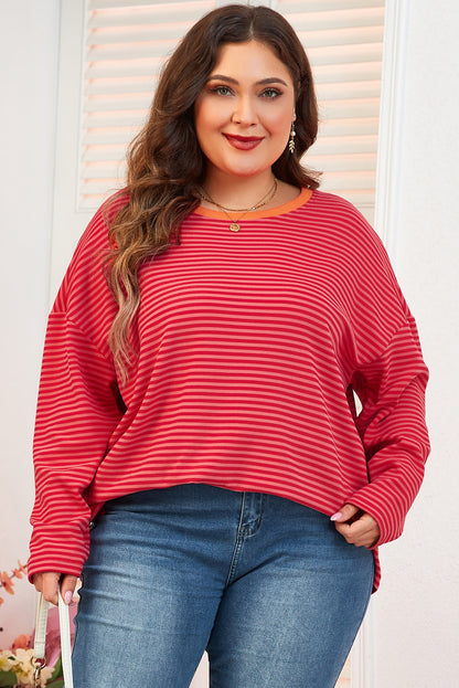 Chic orange stripe plus size drop shoulder button-up top