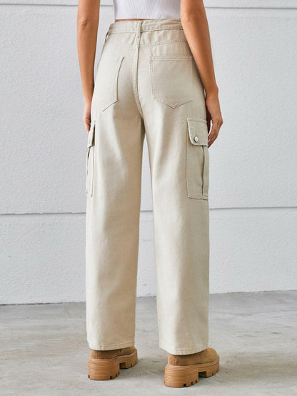 Drawstring Mid-Rise Waist Straight Cargo Jeans.