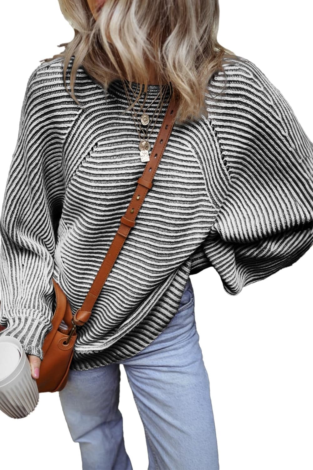 Textured striped long sleeve top with round neck