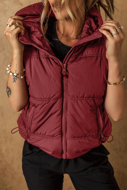 Clay hooded puffer vest with zip-up and side pockets