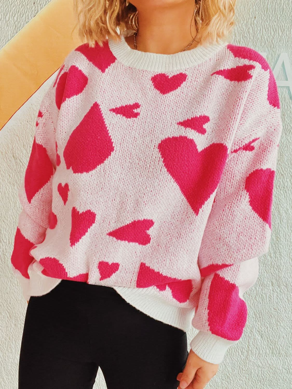 Charming heart-patterned long sleeve sweater