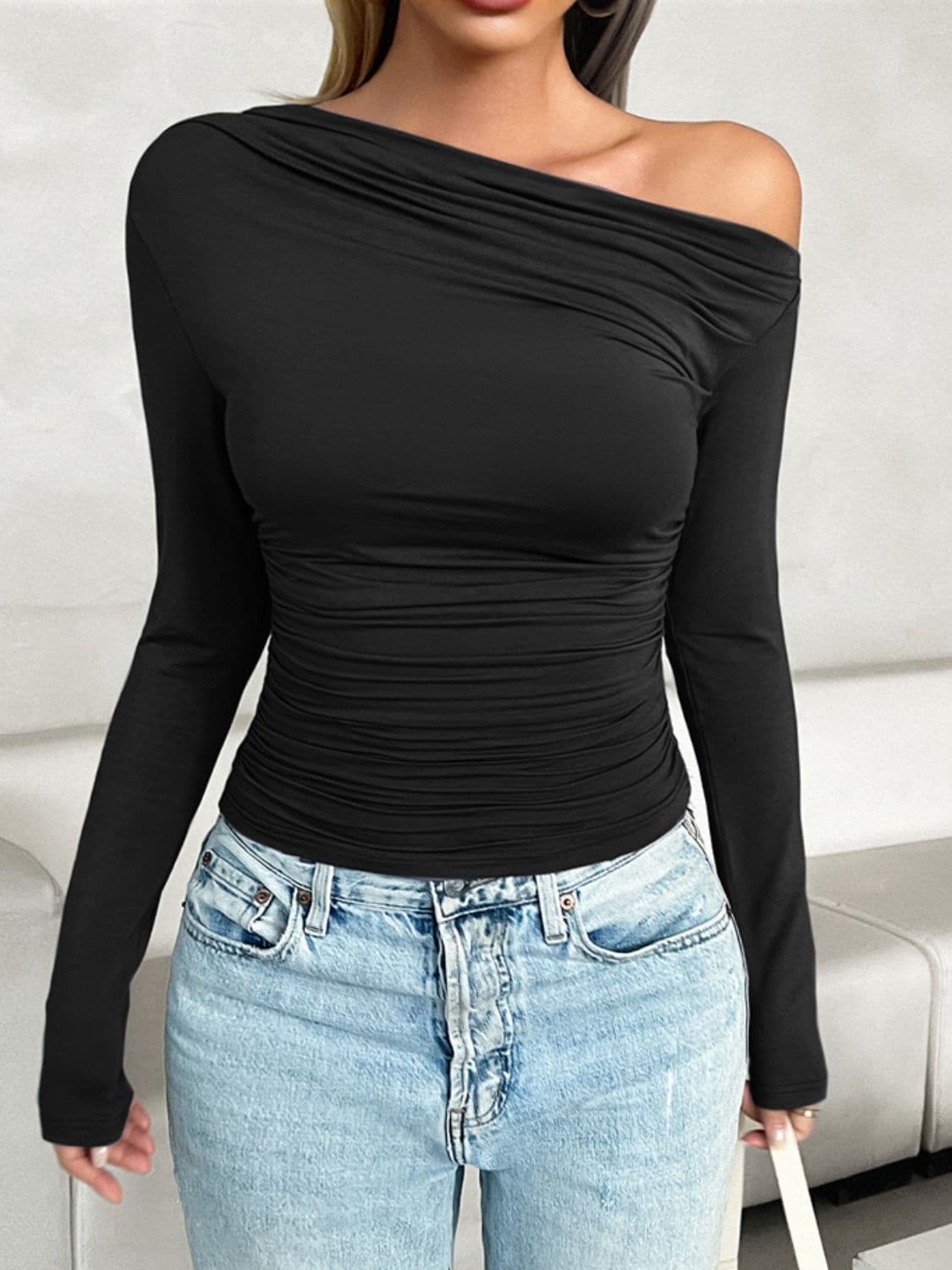 Ruched One Shoulder Long Sleeve T-Shirt.