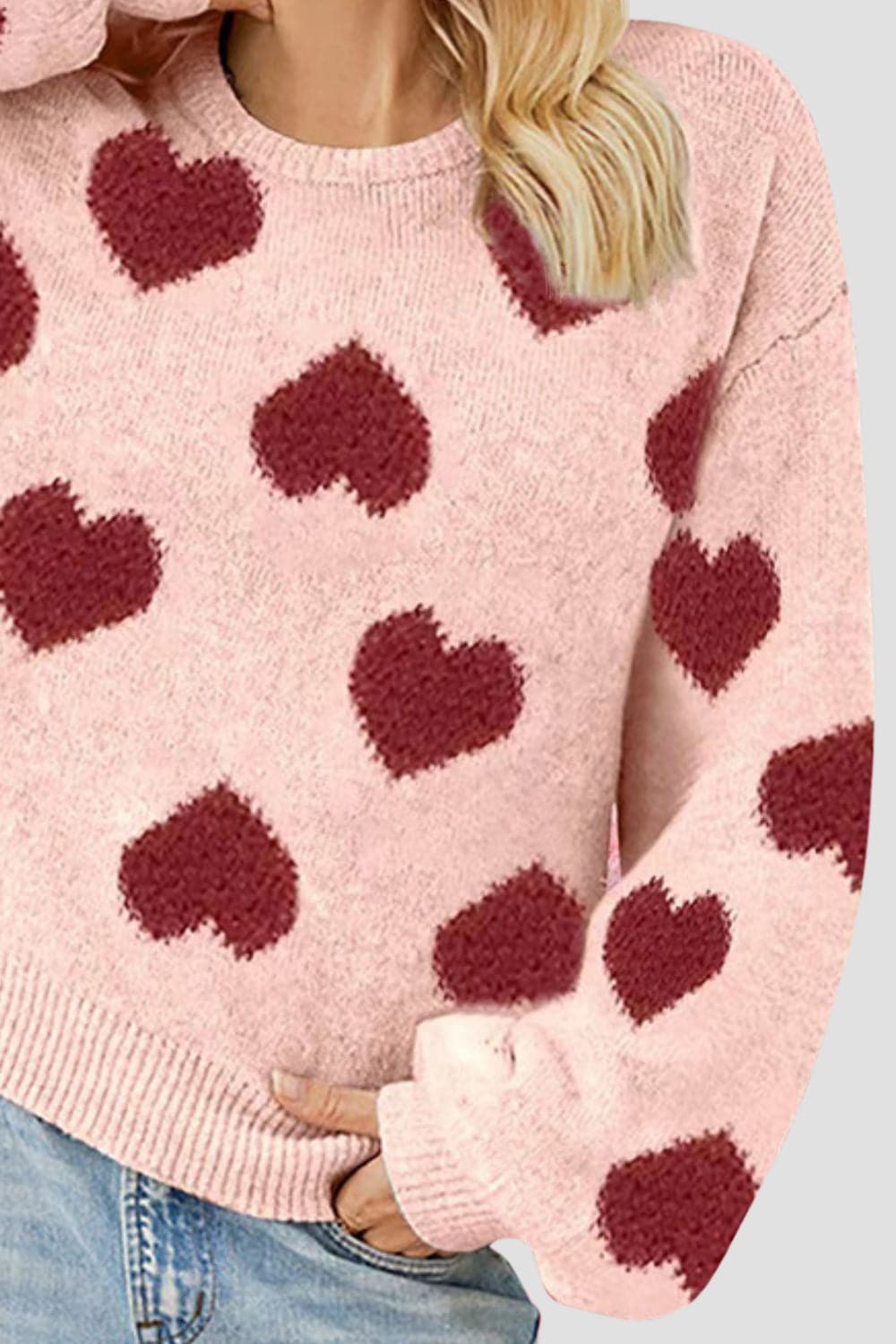 Heart Round Neck Dropped Shoulder Sweater.