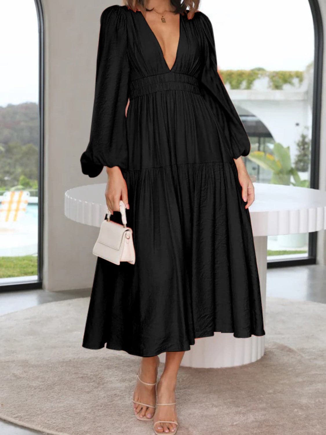 Deep V-Neck Balloon Sleeve Plain Maxi Dress.