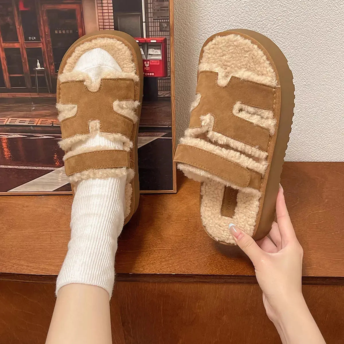Fluffy Platform Velcro Slippers Simply Love