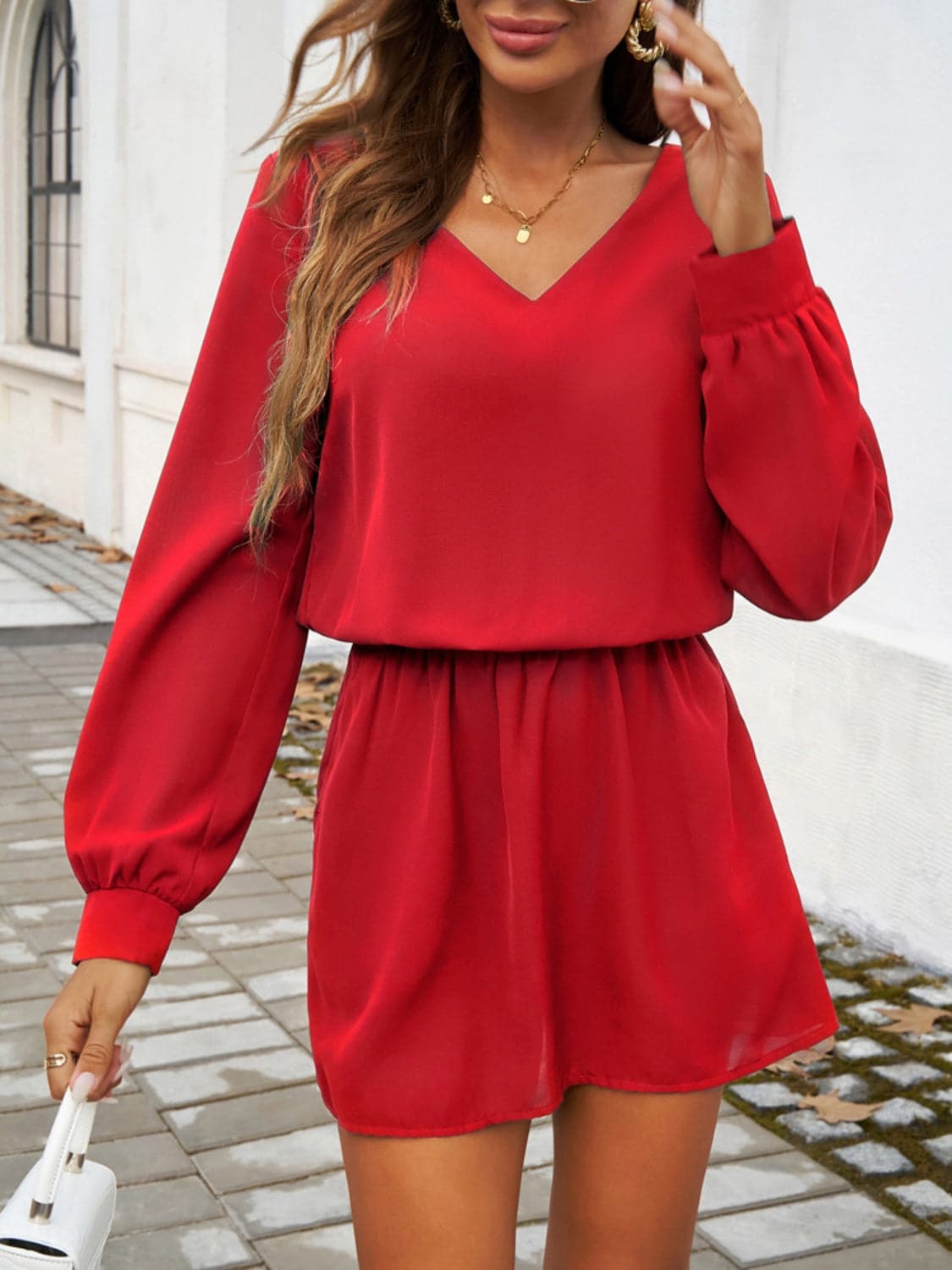 Cutout V-Neck Long Sleeve Mini Dress.