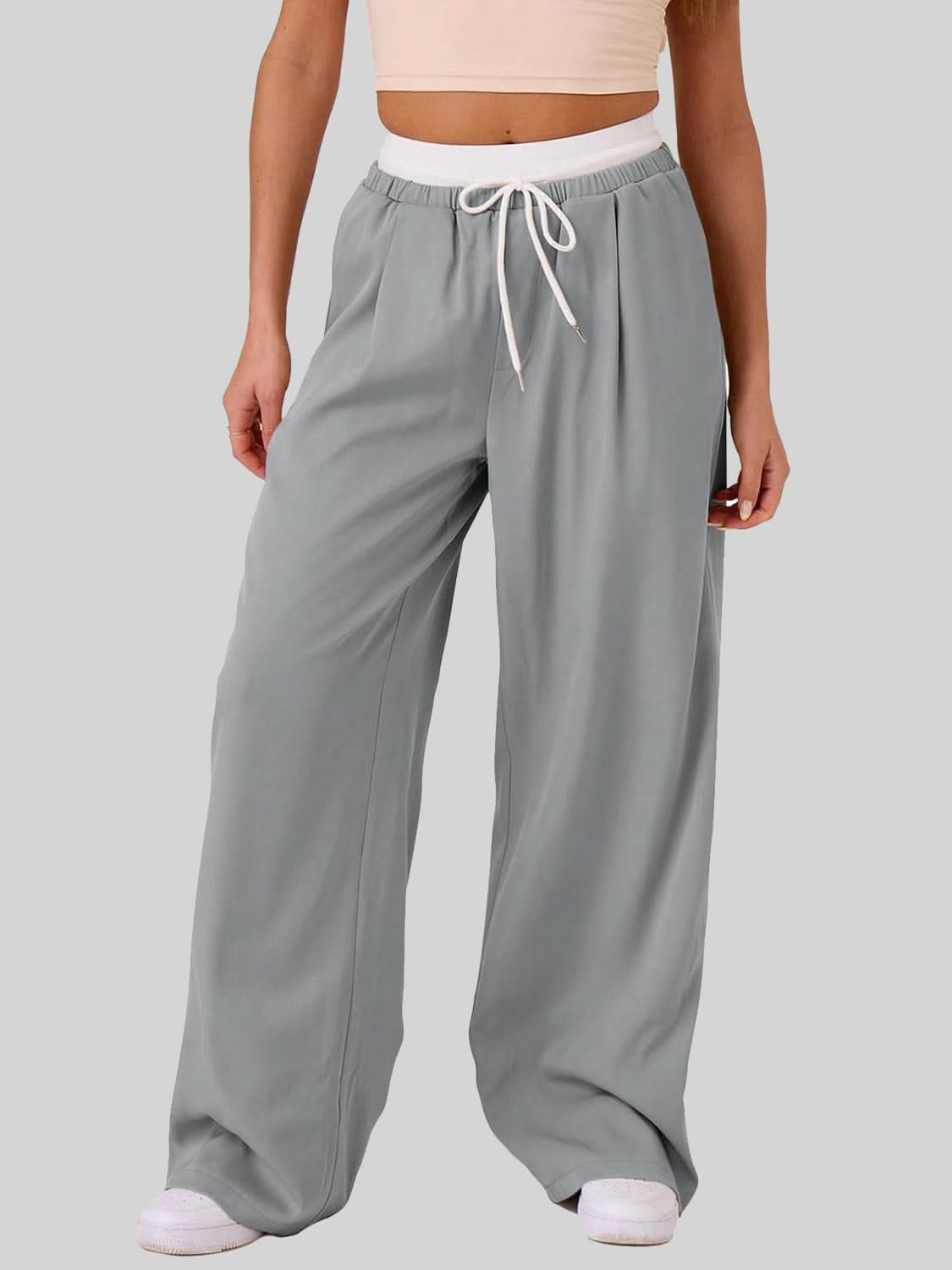 Contrast Waistband Drawstring Wide Leg Pants