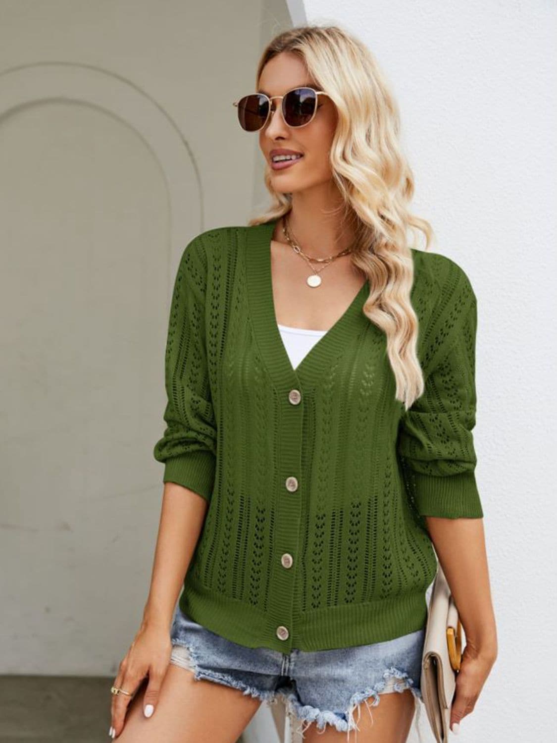 Button Down Ribbed Trim Cardigan.