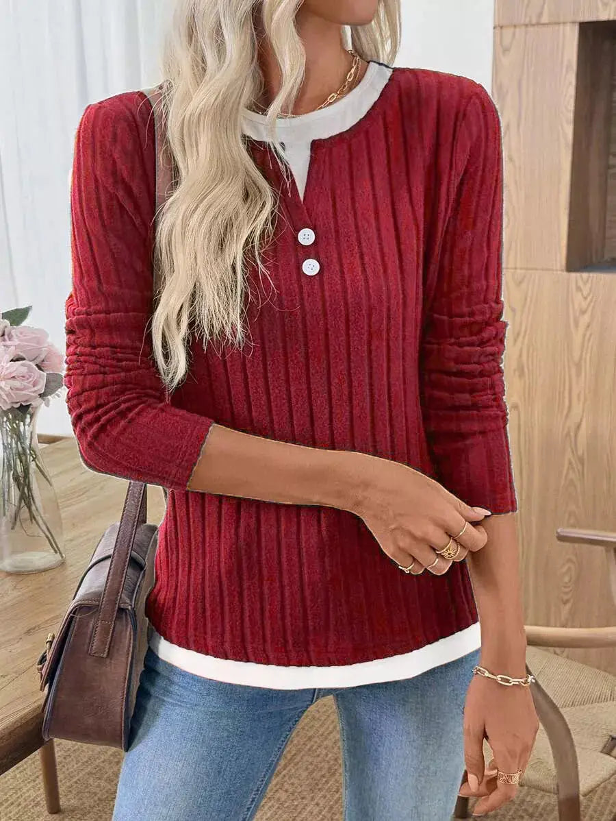 Ribbed Knit Long Sleeve Fake Two Piece T Shirt With Decorative Buttons Simply Love