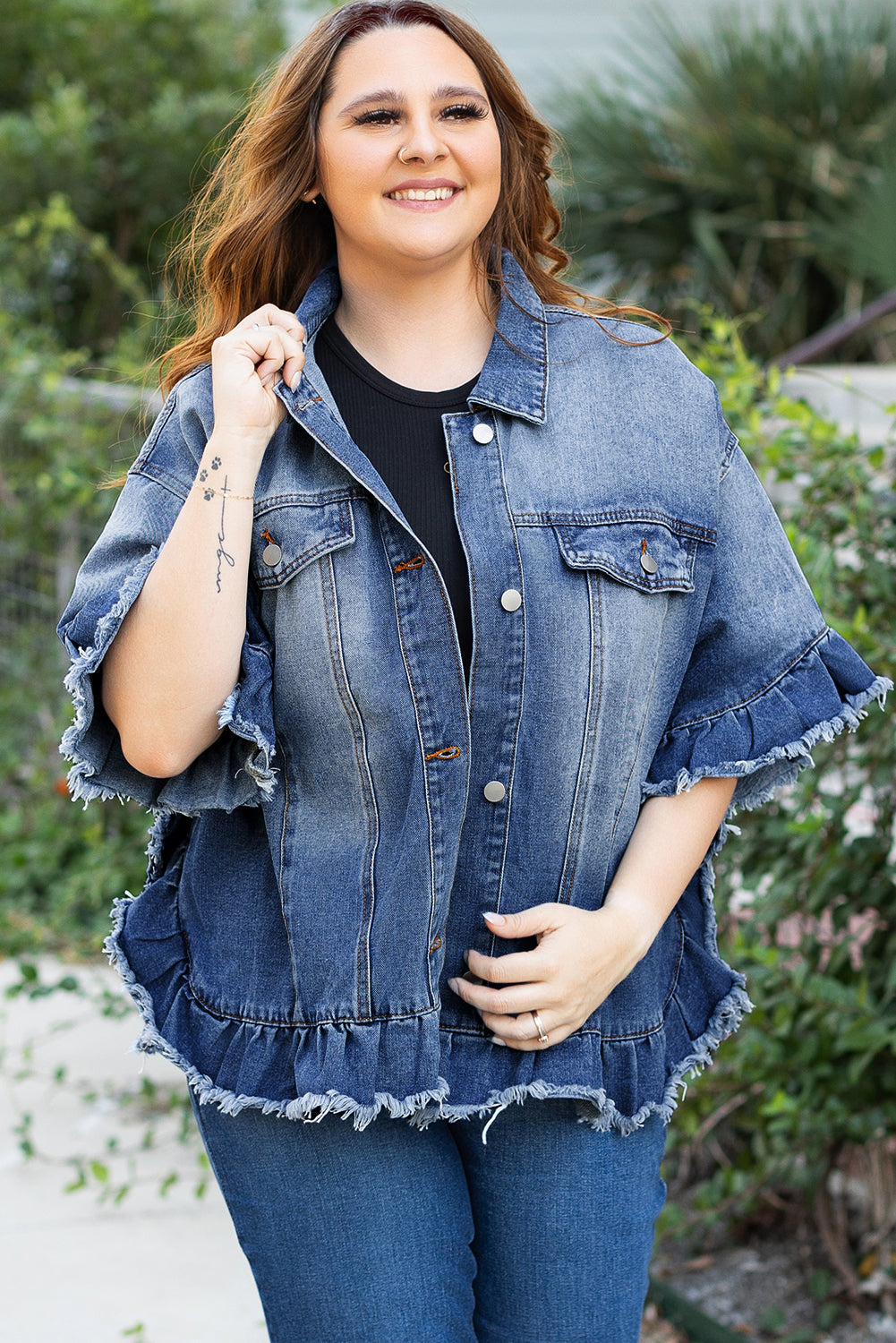Peacock Blue Ruffled Denim Jacket Plus Size Short Sleeve Dear-Lover Dropshipping