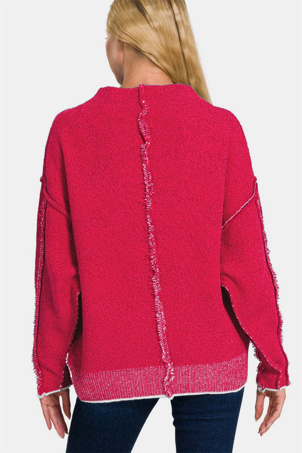 Zenana Exposed Seam Mock Neck Long Sleeve Sweater.