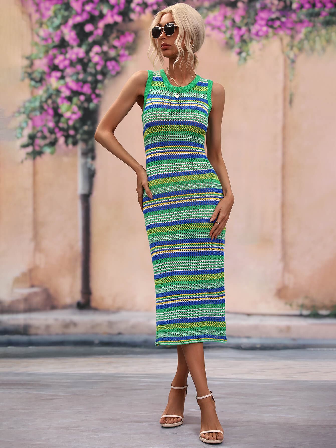 Striped Round Neck Sleeveless Midi Cover Up Dress.