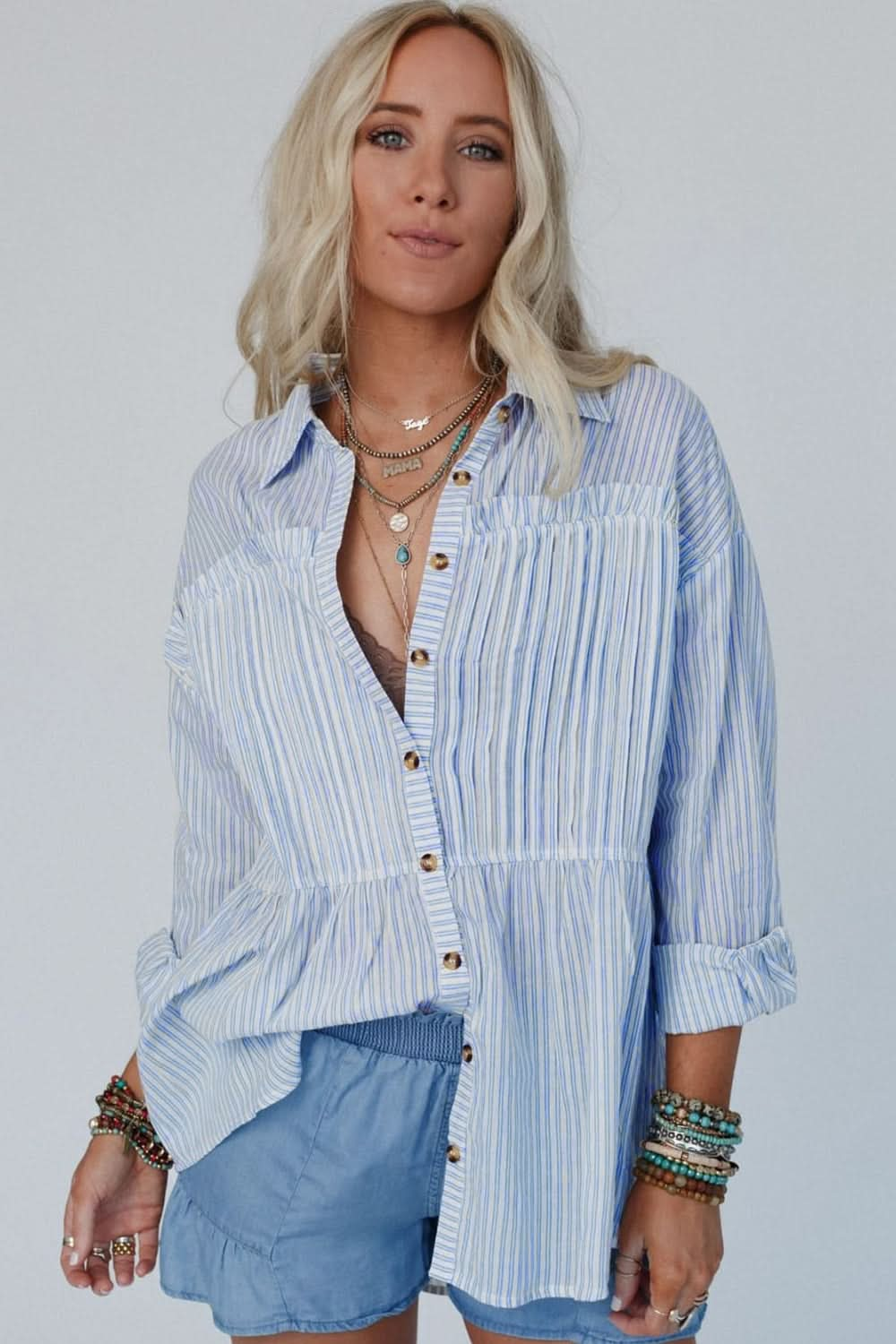 High-Low Striped Collared Neck Long Sleeve Shirt