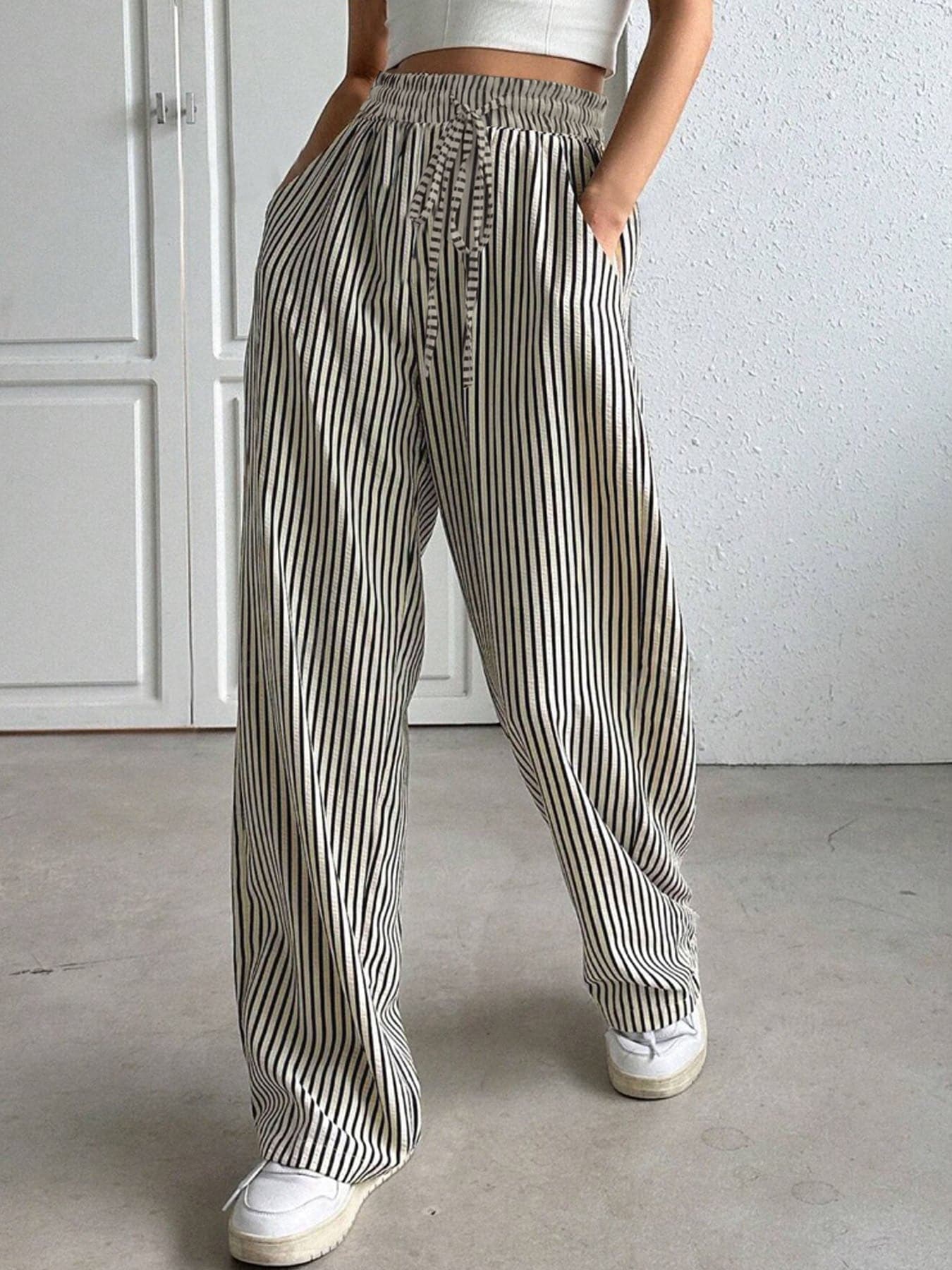 Drawstring Striped Elastic Waist Pants.