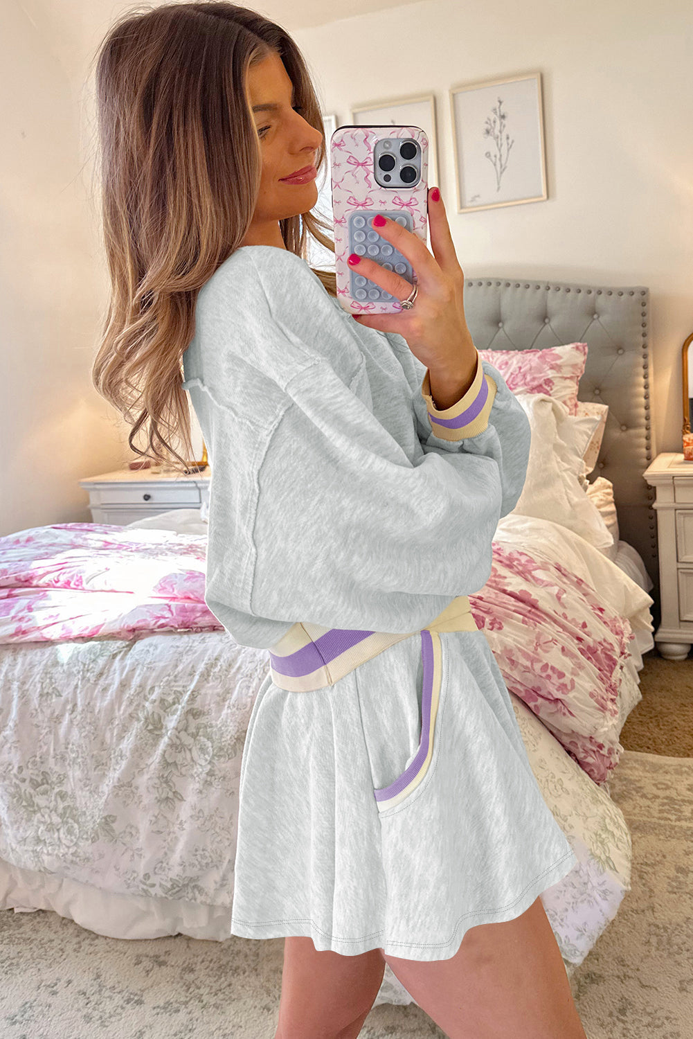 Premium Light Grey Contrast Striped Cropped Pullover And Short Set Dear-Lover Dropshipping