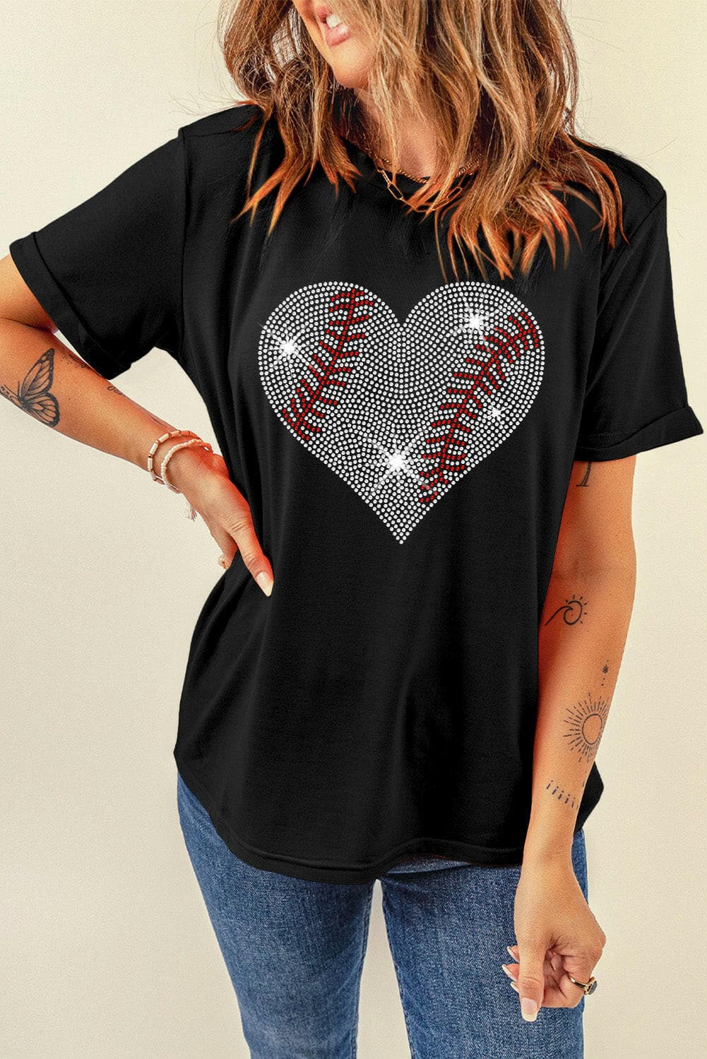 Rhinestone Heart Round Neck Short Sleeve T-Shirt.