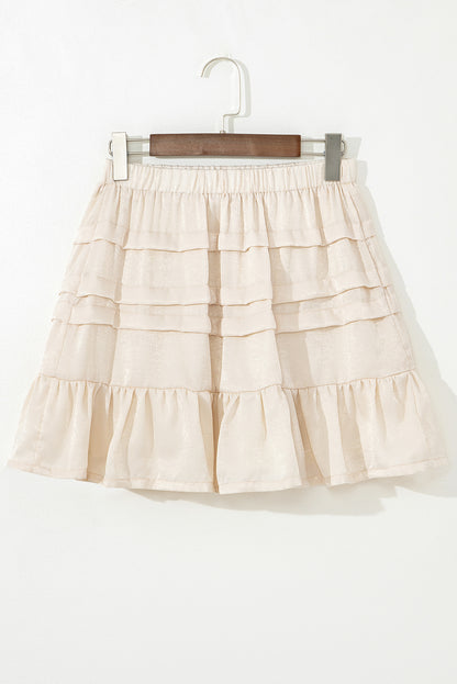 Beige Tiered Ruffled Hemline Elastic Waist Mini Skirt