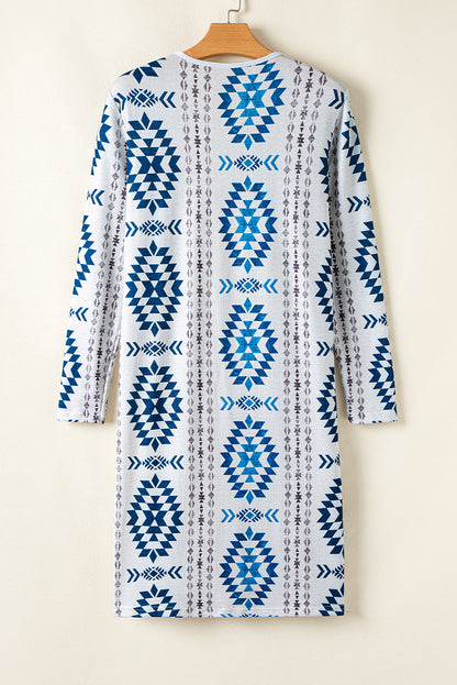 Sky Blue Open Front Long Cardigan with Western Aztec Design