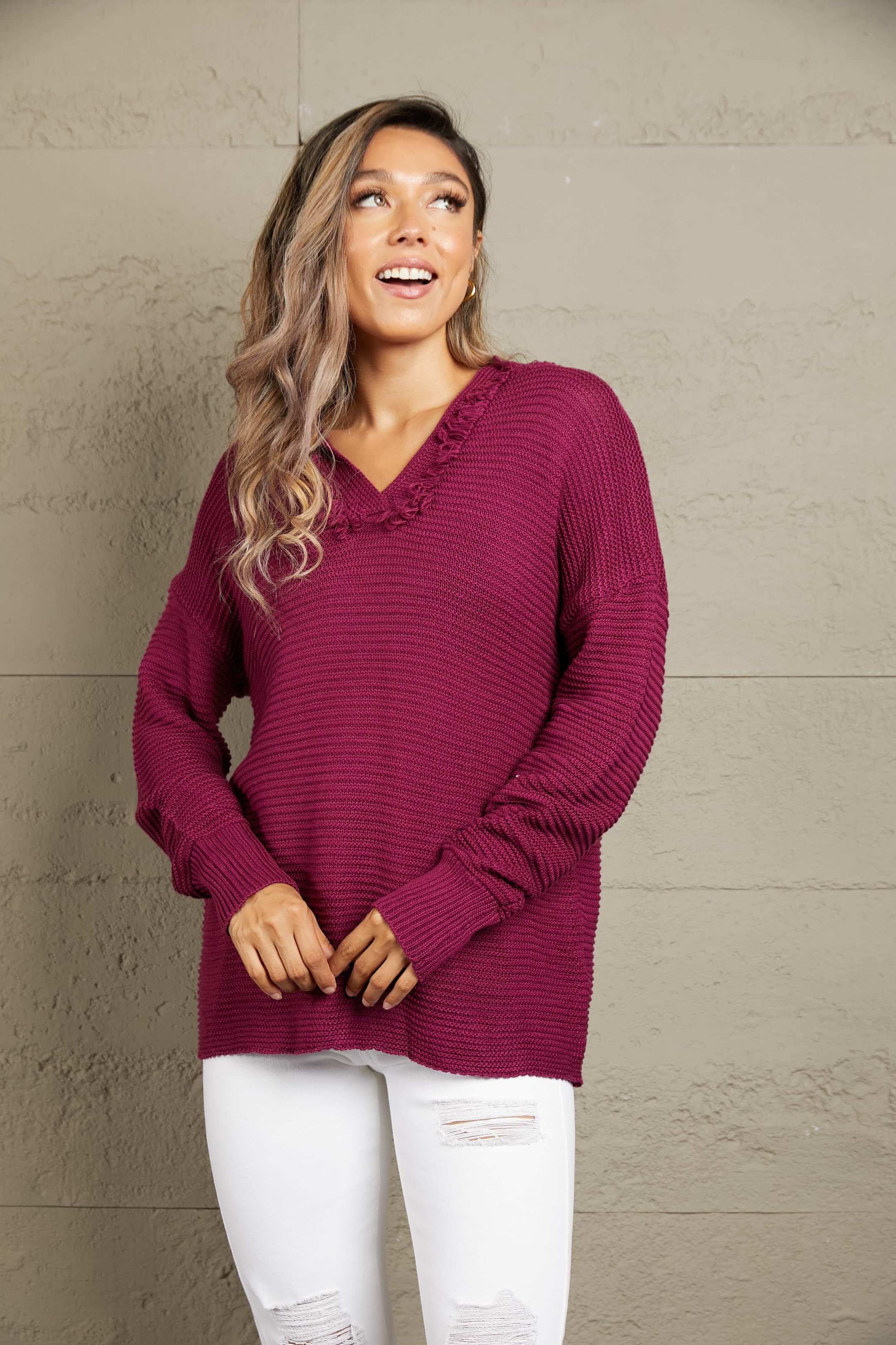 Woven Right Horizontal Ribbing Fringe Trim Hooded Sweater.