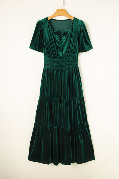 Evergreen velvet tiered maxi dress with shirred waist and short sleeves